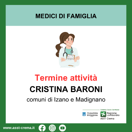 Termine d'attività dott.ssa Cristina Baroni - comuni di Izano e Madignano