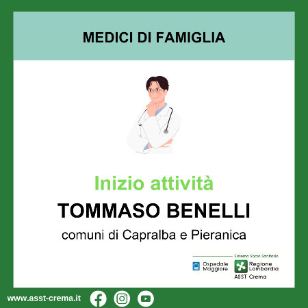 Inizio attività dottor Tommaso Benelli - comuni di Capralba e Pieranica