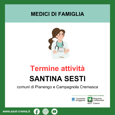 Termine d'attività dott.ssa Santina Sesti - comuni di Pianengo e Campagnola Cremasca