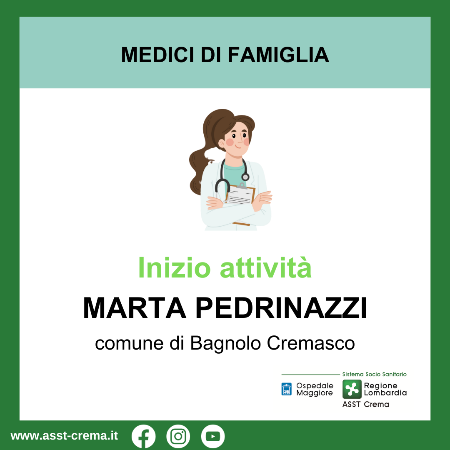 Inizio attività dott.ssa Marta Pedrinazzi - comune di Bagnolo Cremasco