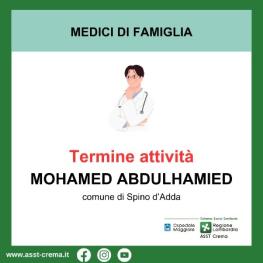 Termine attività Dr. Abdulhamied Mohamed - Comune di Spino D'Adda