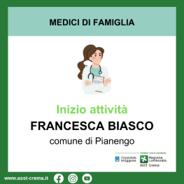 Inizio attività dott.ssa Francesca Biasco - comune di Pianengo