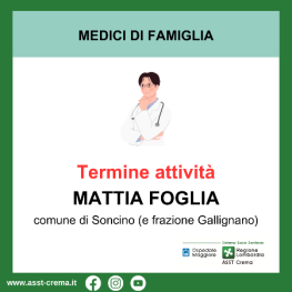 Termine d'attività dott. Mattia Foglia - Comune di Soncino