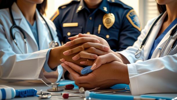 Mani di medici e personale della polizia
